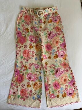 Zimmermann Floral Wide-Leg Linen Pants in Pink, Cream and Green